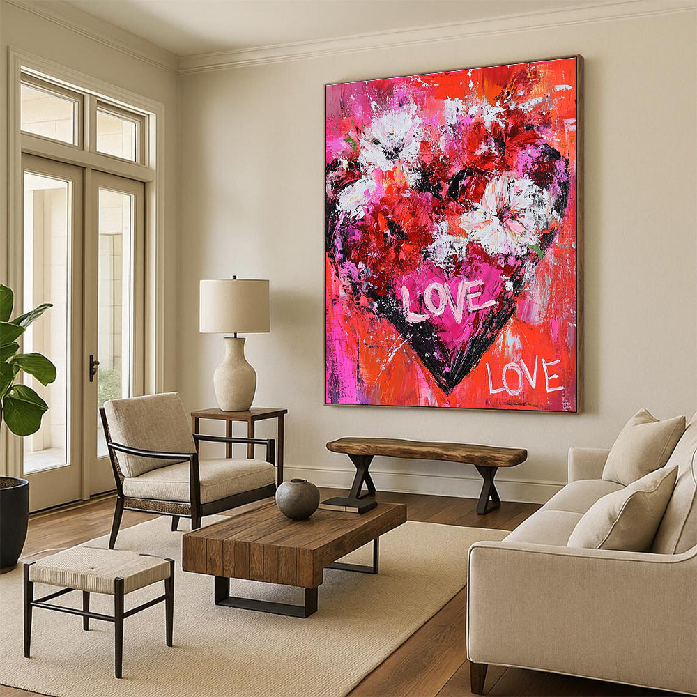Large Abstract Painting of Flowers Forming a Heart in Bold Reds Pinks and Whites with Handwritten Love Text Symbolizing Passion and Romance.STSC680