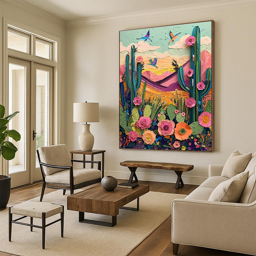Large abstract artwork featuring a vibrant desert landscape with cacti mountains birds and blooming flowers in colorful pastels and intricate textures.STSC1426