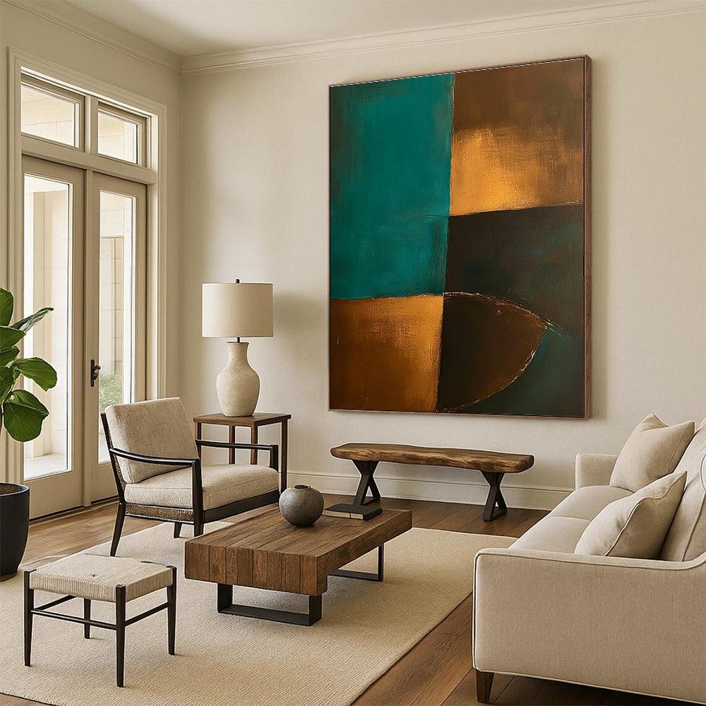 Teal Gold Abstract Painting with Geometric Forms GER707