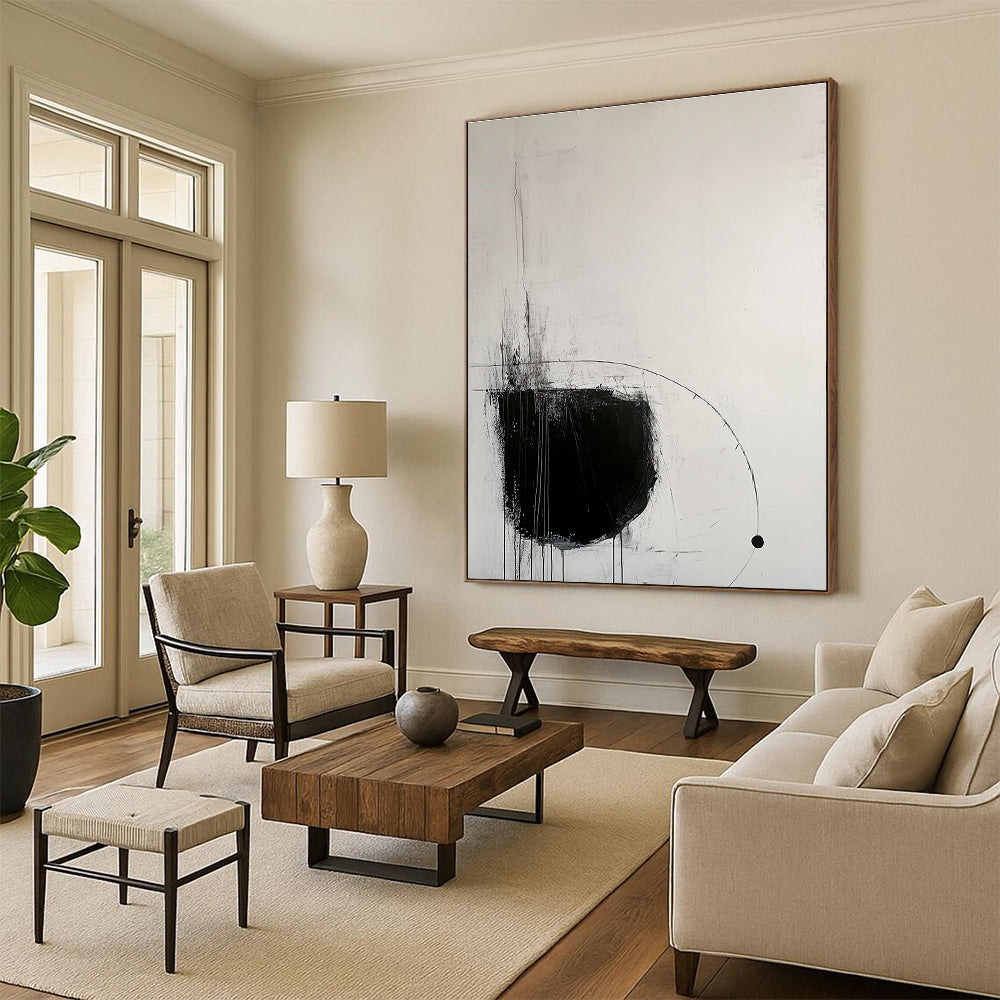 Large abstract painting with black lines and geometric figures creating calmness and simplicity in minimalist style featuring balanced composition and open space.STSC520