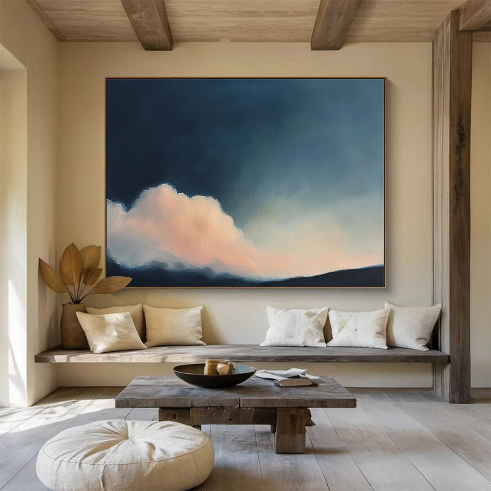 A large abstract painting of clouds in soft pink and dark blue, inspired by Cecily Mary Barker's atmospheric style.SC408