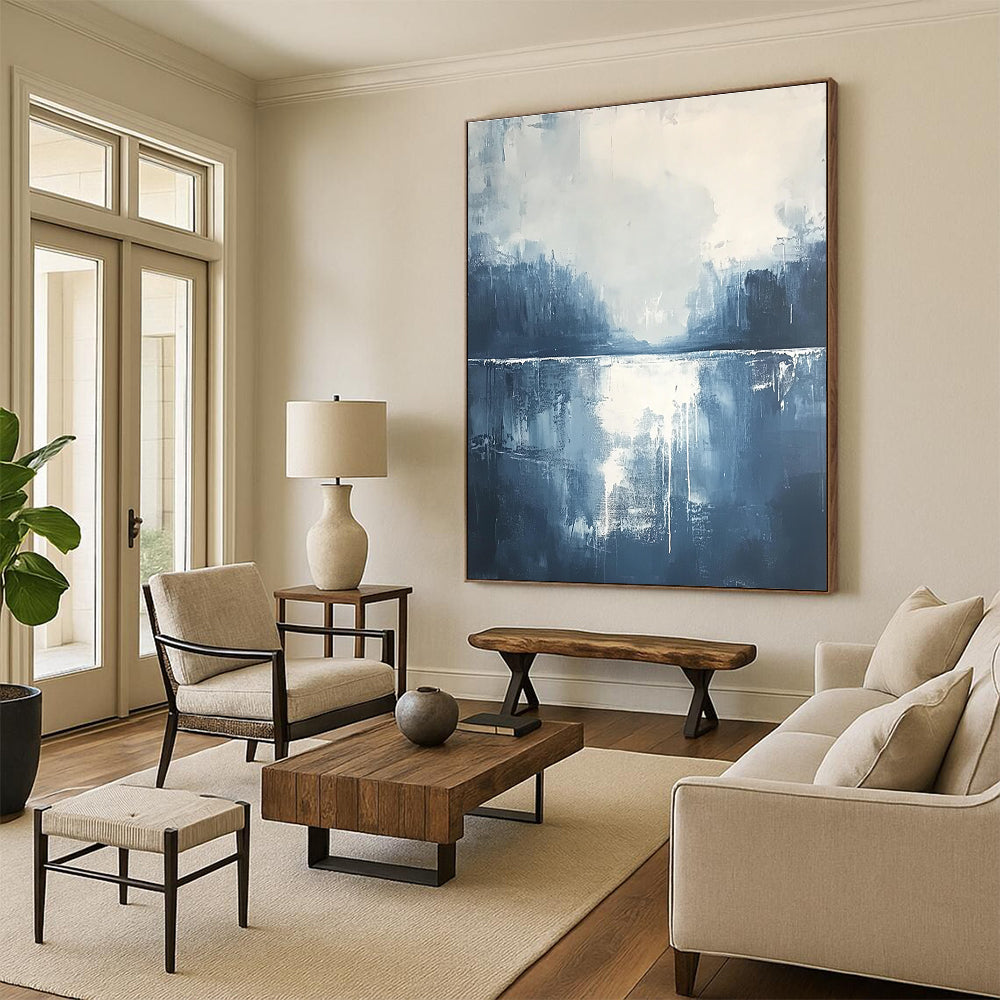 Large abstract painting of misty clouds and water in dark blue and grey with white accents creating an atmospheric and detailed composition.STSC322