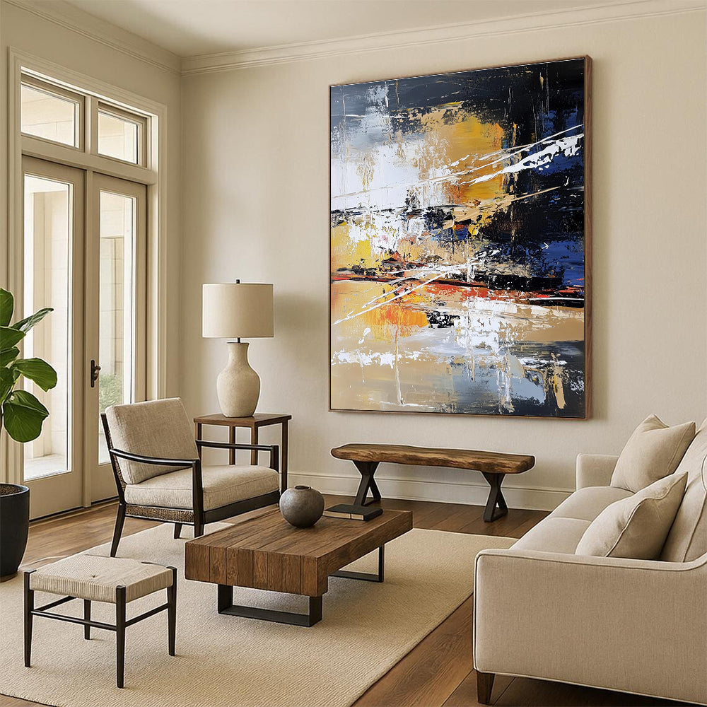 Large abstract painting features layers of colors and textures with white lines depicting water trees and a river in an urban landscape.STSC766