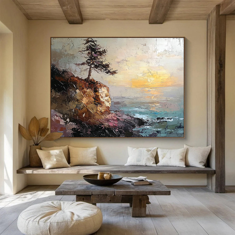 Abstract painting featuring a rocky coastline with a pine tree on a cliff under a sunset in textured oil paint.SC599