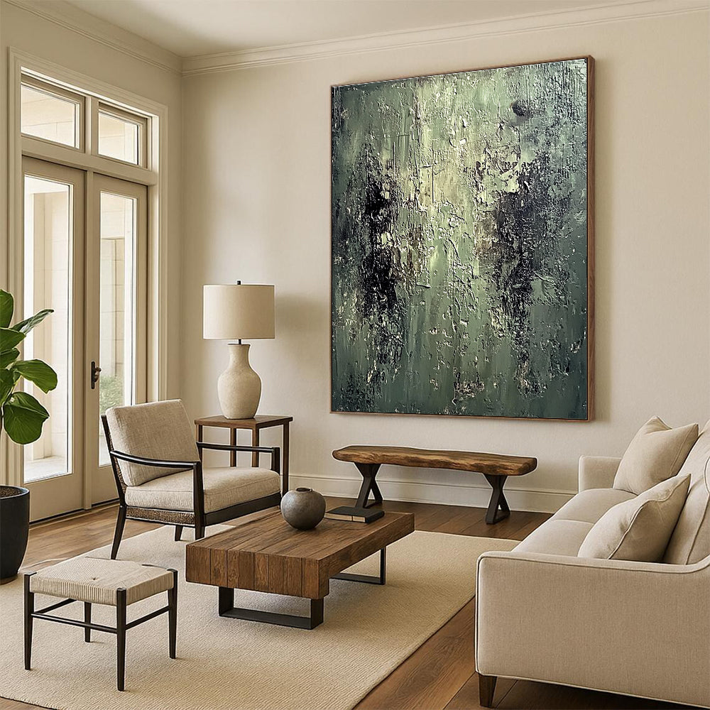 Large abstract oil painting of an old mossy wall with peeling paint in muted greens and dark browns evoking coolness and desolation.STSC587