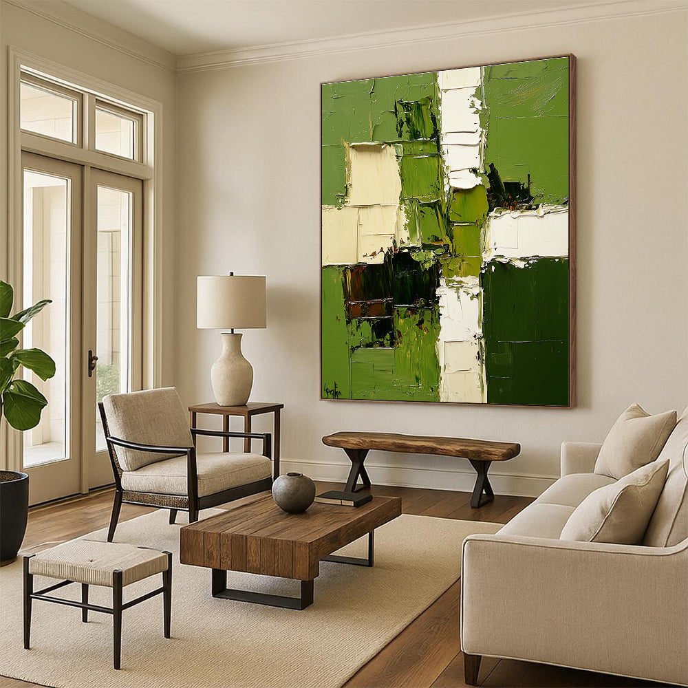 Green and White Abstract Painting with Patchwork Design GER478