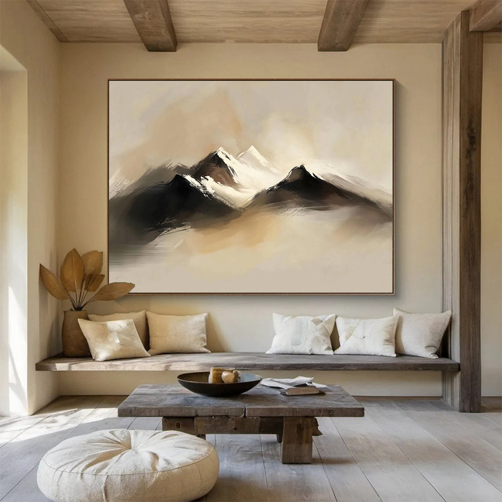 Abstract digital painting of serene snow-capped mountains featuring soft brush strokes and muted colors enveloped in mist.SC301