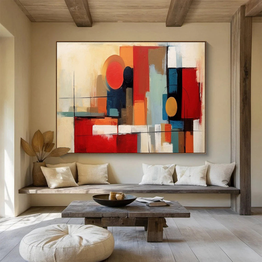 Geometric Abstract Painting with Red, Orange, and Blue Tones THY219