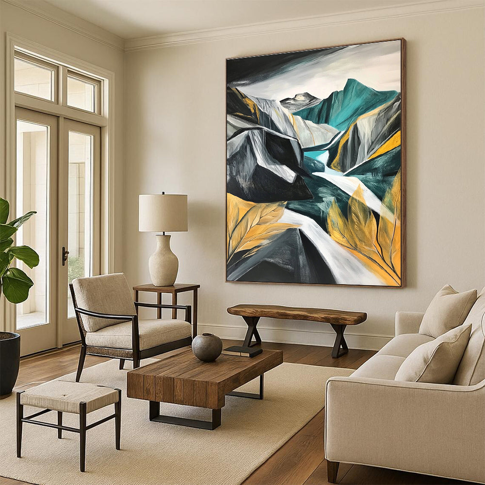 Large abstract painting of mountains and rocks featuring grey white teal gold black and green with a low angle close-up of leaves and a snow storm.STSC191