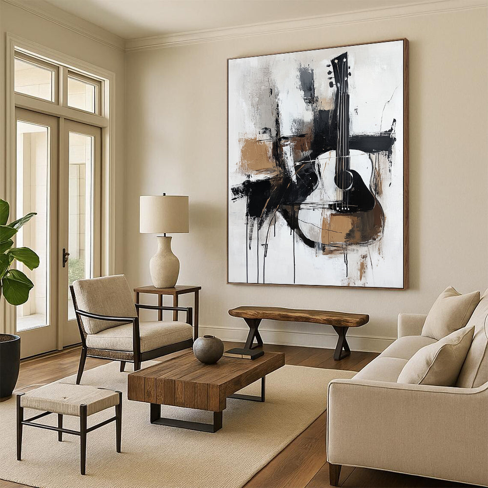 A large abstract painting featuring thick brush strokes in black white grey and brown with a minimalistic abstract guitar in elegant neutral tones.STSC818