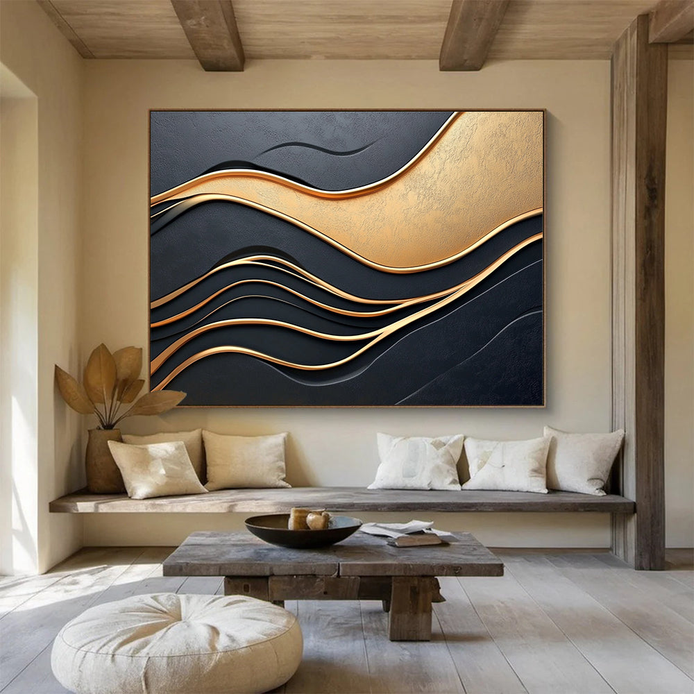 Black and Gold Waves Abstract Painting with 3D Effect DYP166