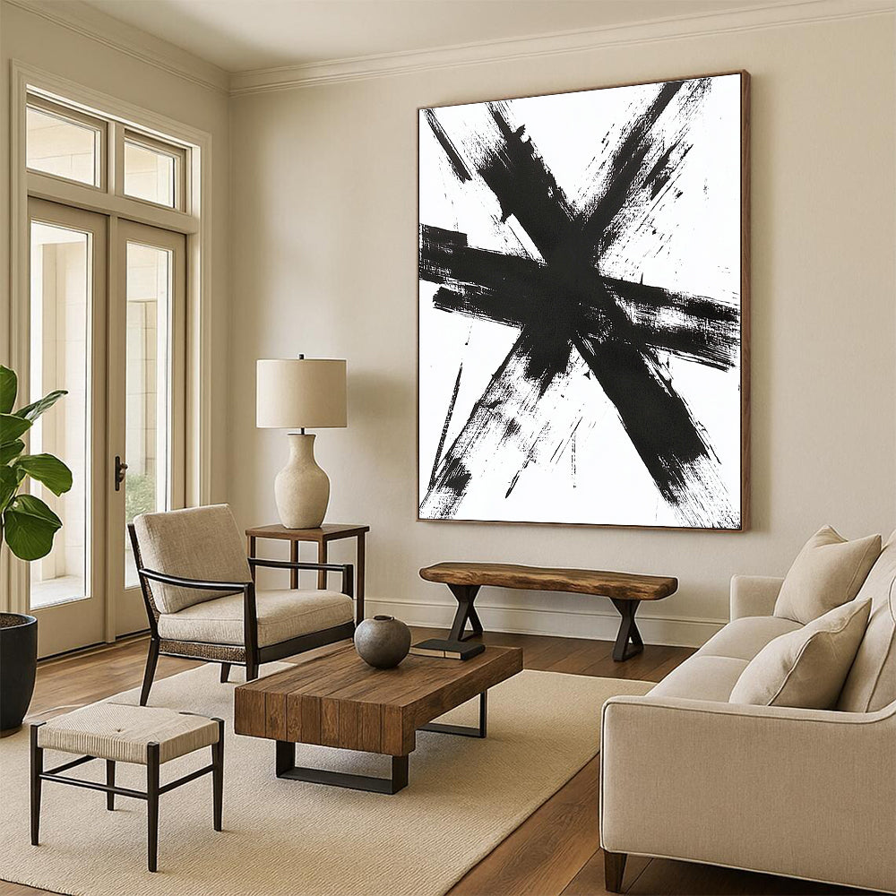 Large abstract artwork featuring thick messy black brush strokes forming a cross shape with detailed textures evoking emotions and energy.STSC1243