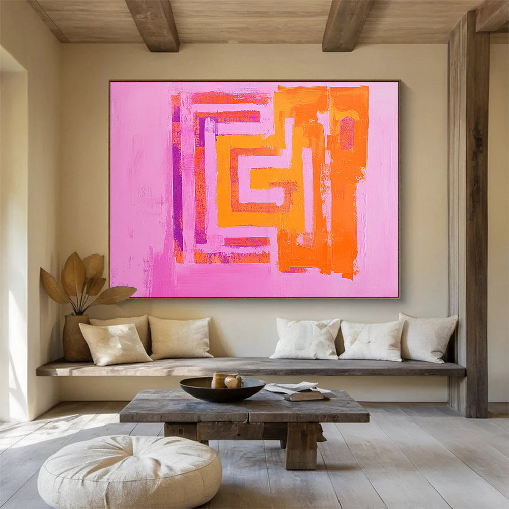 Pink Background Geometric Abstract Painting with Orange and Purple Shapes DYP130