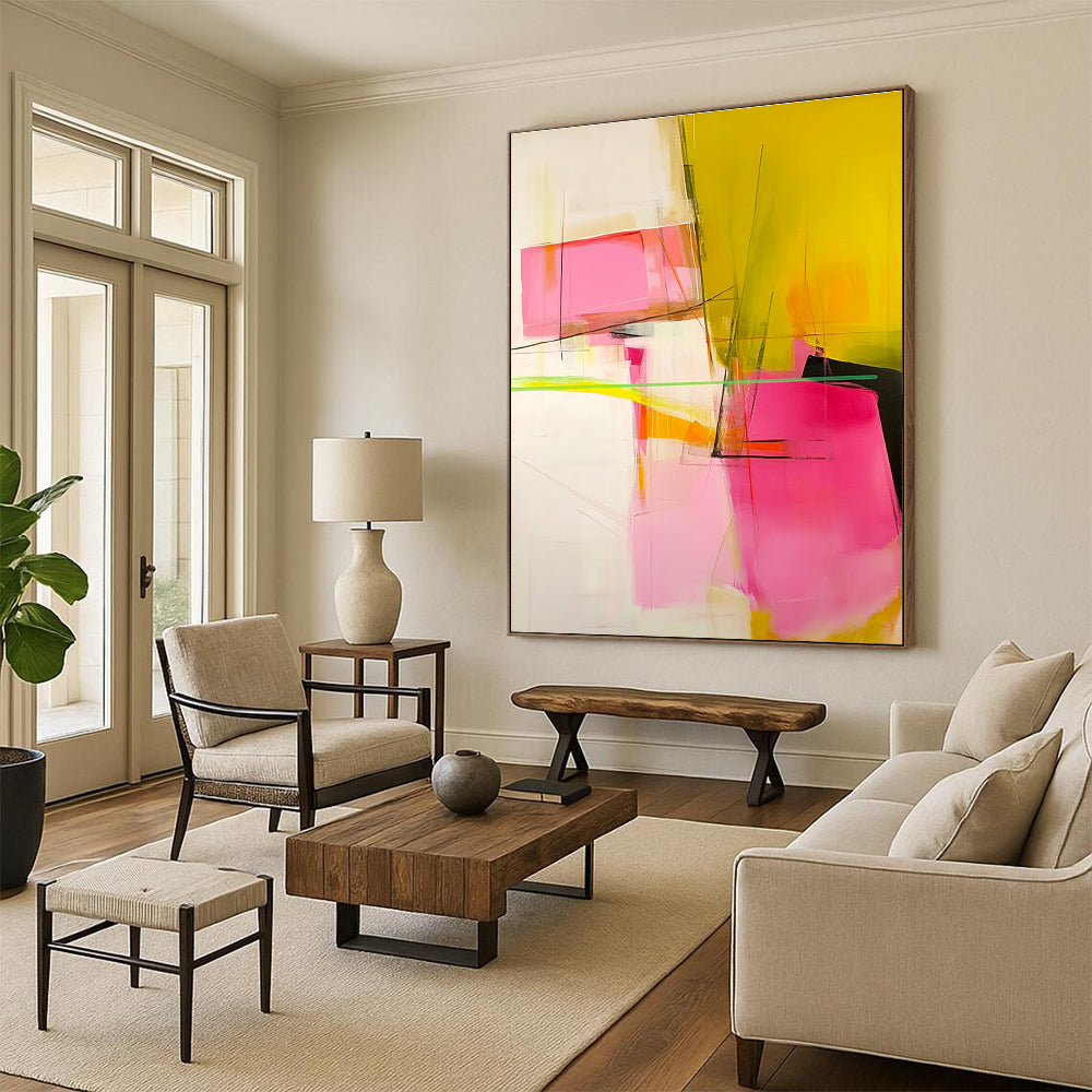 Pink and Yellow Abstract Painting with Geometric Elements GER629