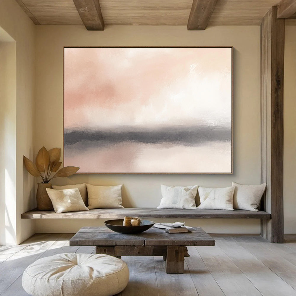 Large abstract painting of the horizon featuring soft pinks whites and hints of gray with blurry clouds for a serene atmosphere.SC360