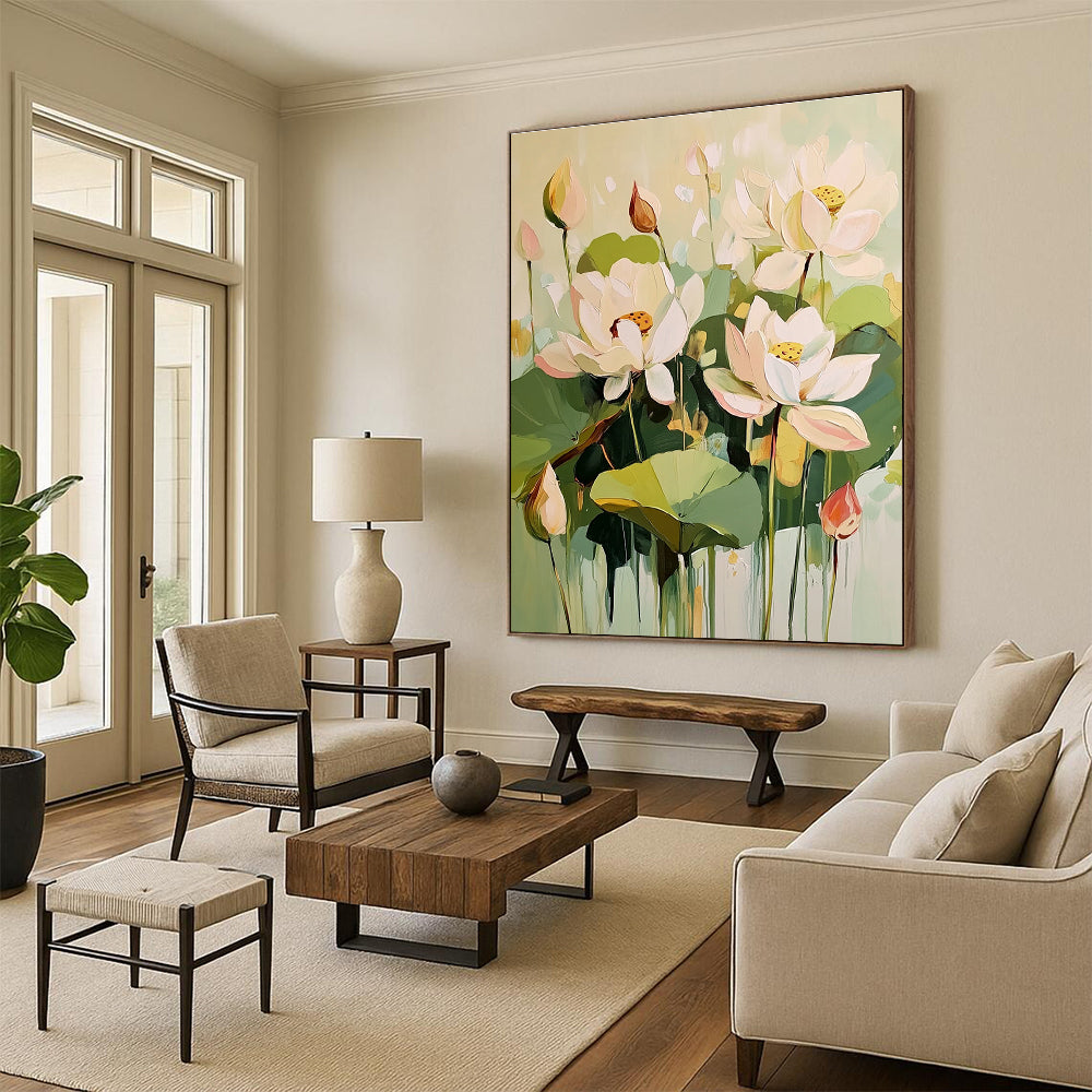 Large abstract painting featuring light green and cream lotus flowers with green leaves and pink buds in an elegant harmonious composition.STSC319
