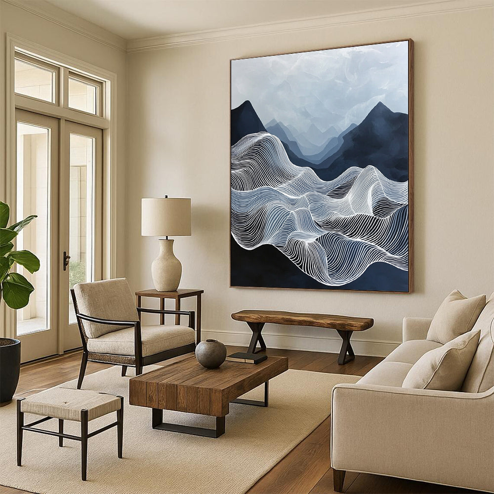 Large abstract painting of ethereal waves with flowing white lines against a deep blue sky featuring black mountains and mysterious organic forms.STSC1147