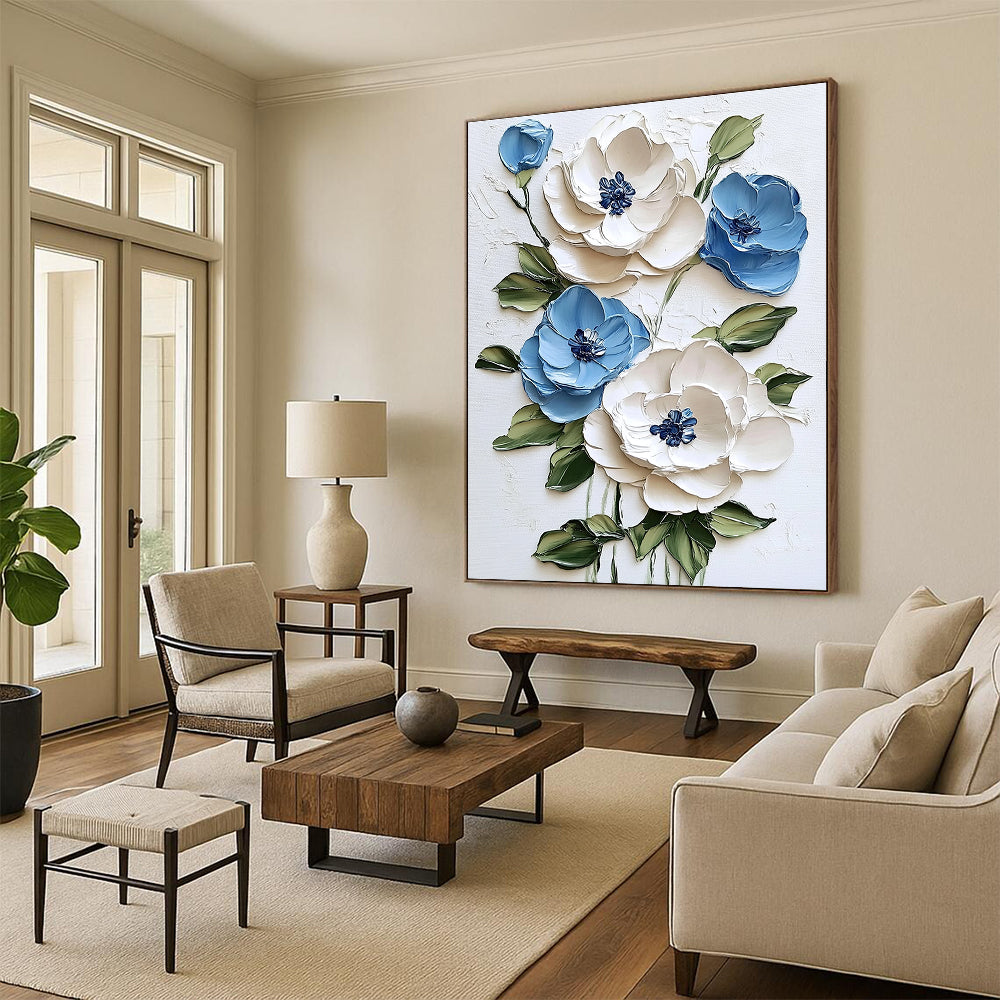 Abstract painting featuring textured white and blue flowers on a white background with green leaves and vibrant brushstrokes for a light tone.STSC1471