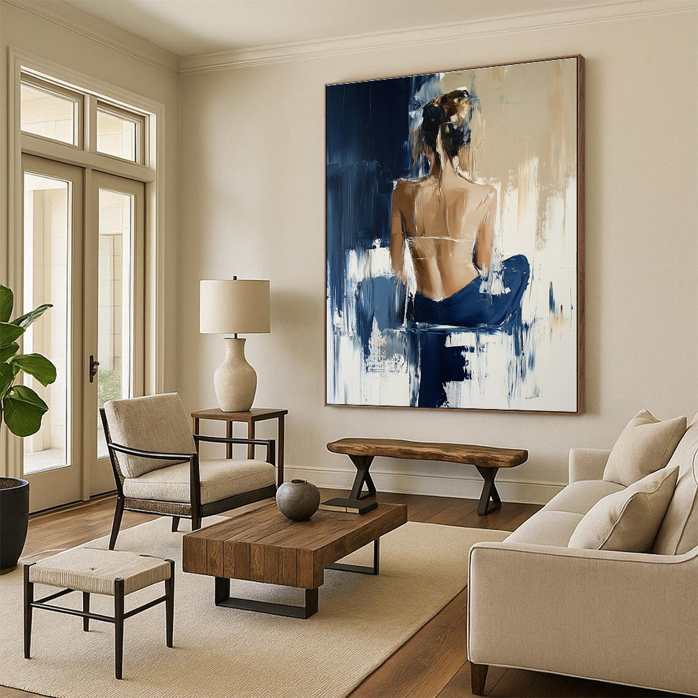 Abstract oil painting showcasing a woman in Hunkemöller collection with beige and navy blue tones and expressive brush strokes reminiscent of Richard Schmid.STSC175