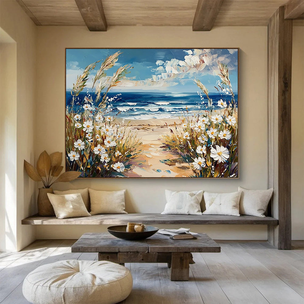 Large abstract painting of the sea with wildflower-covered beach and daisies under a blue sky capturing nature's beauty.SC420