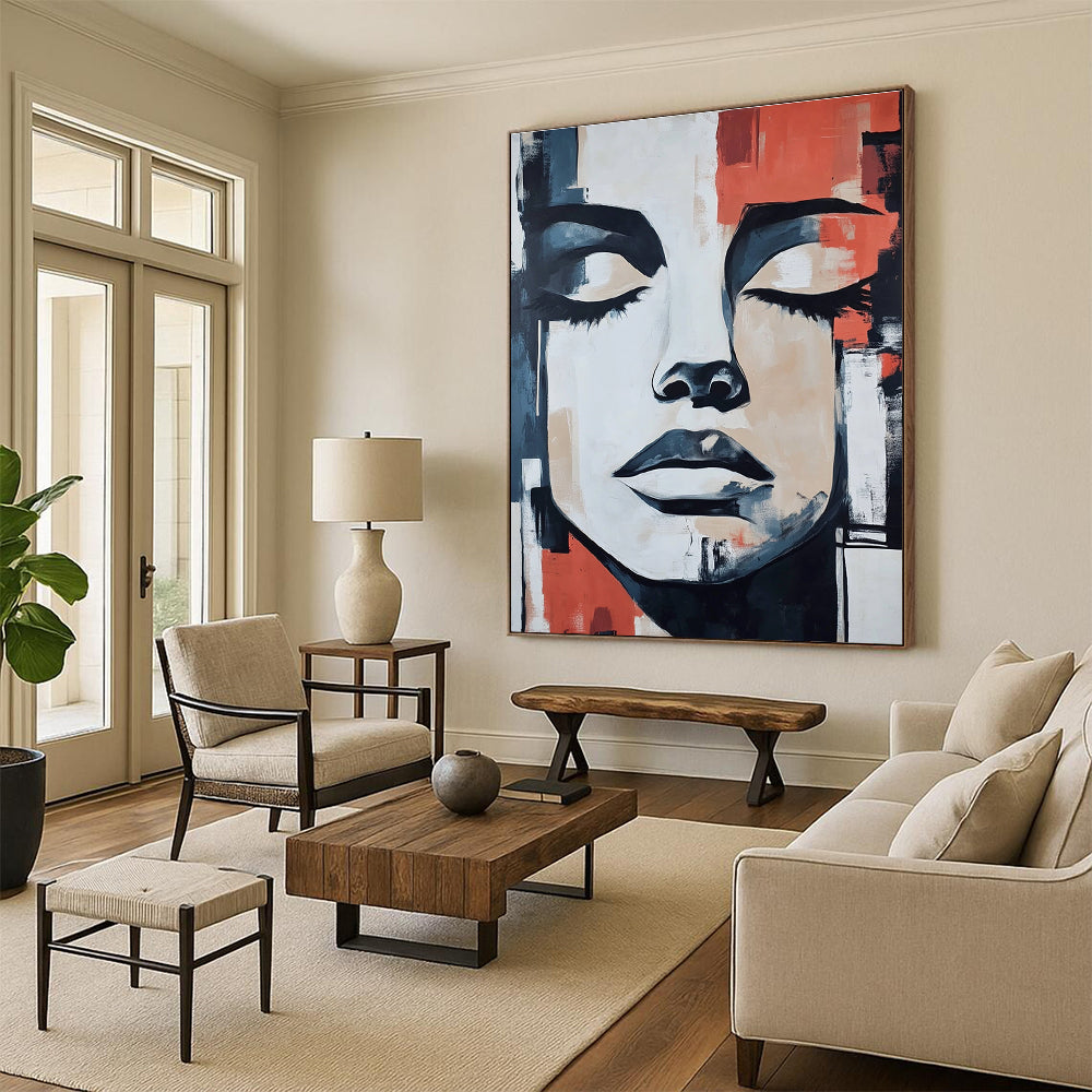 Large abstract painting featuring a masked face with closed eyes against urban shapes in gray beige black blue red and orange in oil on paper.STSC991