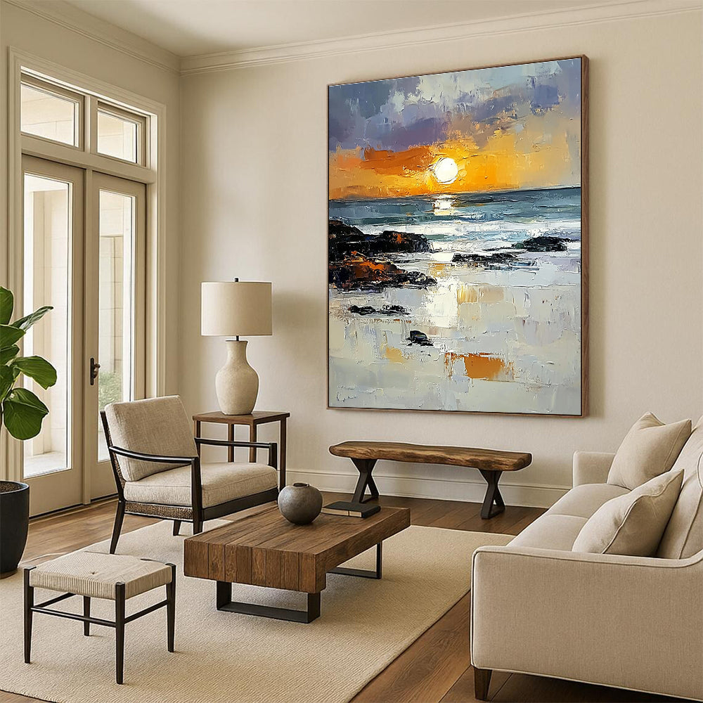 Abstract painting capturing the Irish coast with vibrant orange sunset rocks and reflective water showcasing textured brushstrokes in a bright sky.STSC882