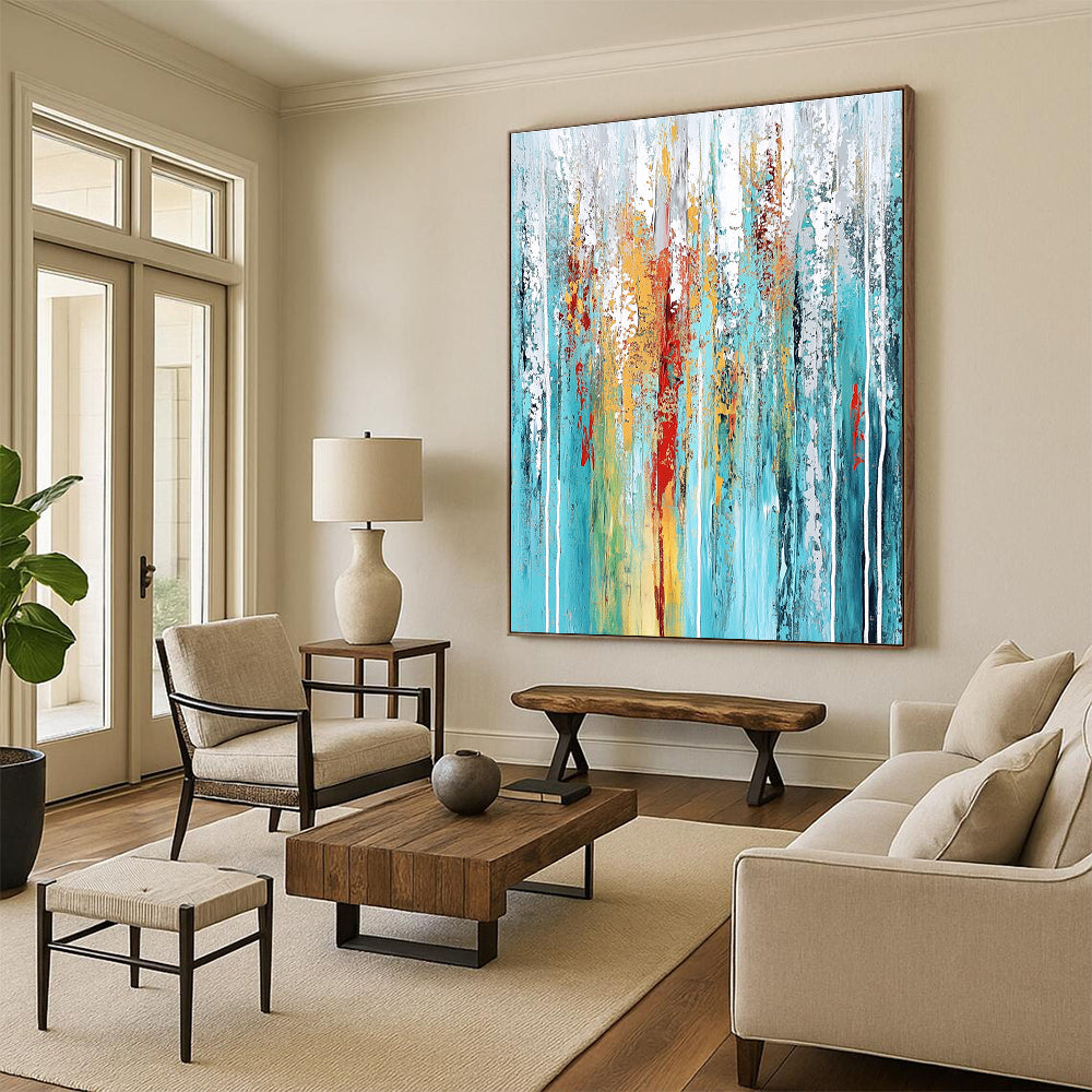 Large abstract painting featuring textured layers in teal aqua blue white gray red yellow green with dynamic streaks and vertical lines.STSC374