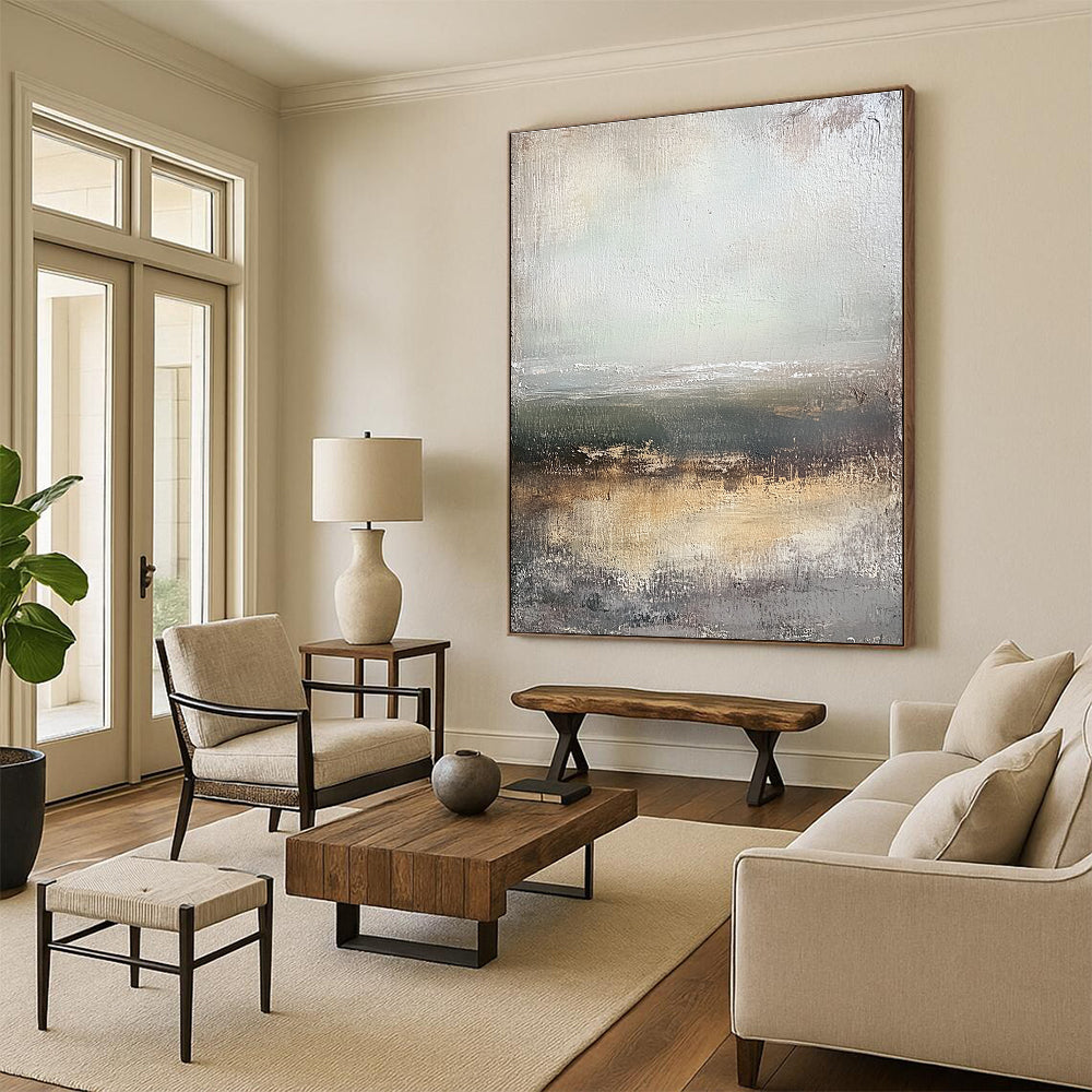 Large abstract painting depicting a coastal landscape with muted tones and vintage texture in a neutral color palette.STSC305