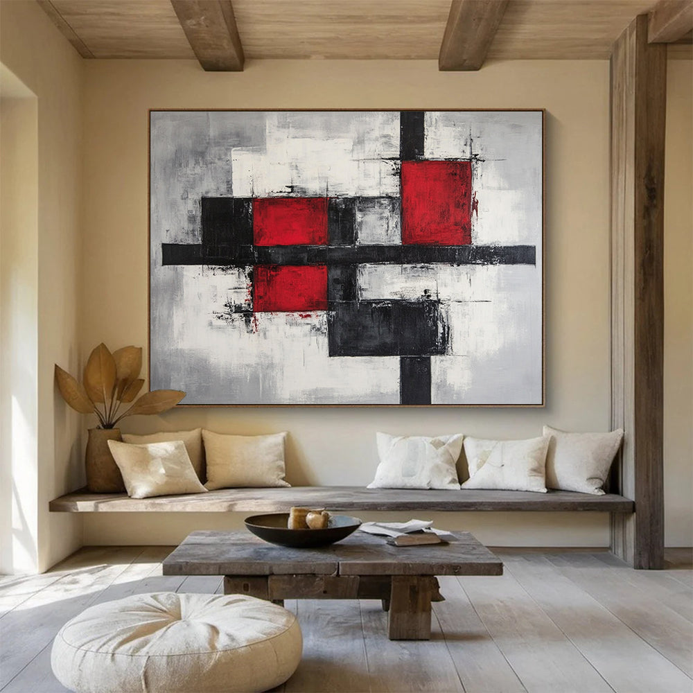 Large abstract painting features gray and red blocks with black lines on a gray background showcasing modern art style in high resolution.SC238