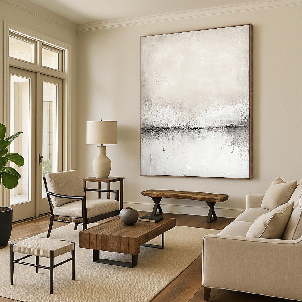 Abstract painting in white and grey tones with a soft textured canvas featuring a neutral color palette in a modern art style.STSC128