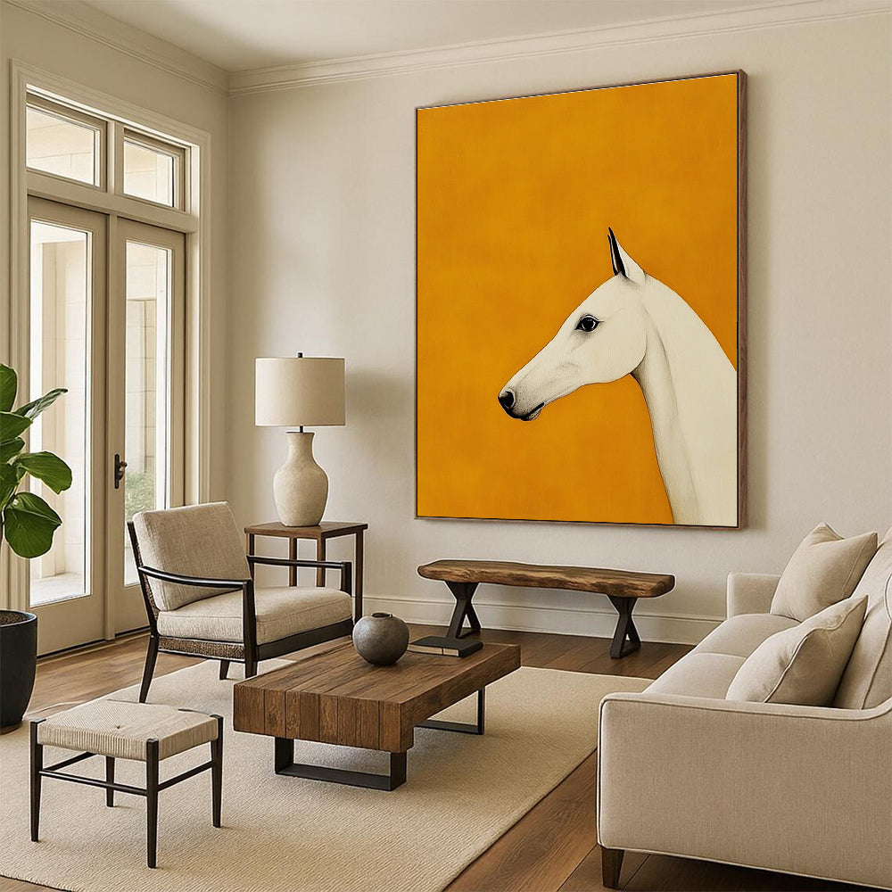 A large abstract painting featuring a minimalist Arabian greyhound design with a white horse's head on an orange background.STSC1063