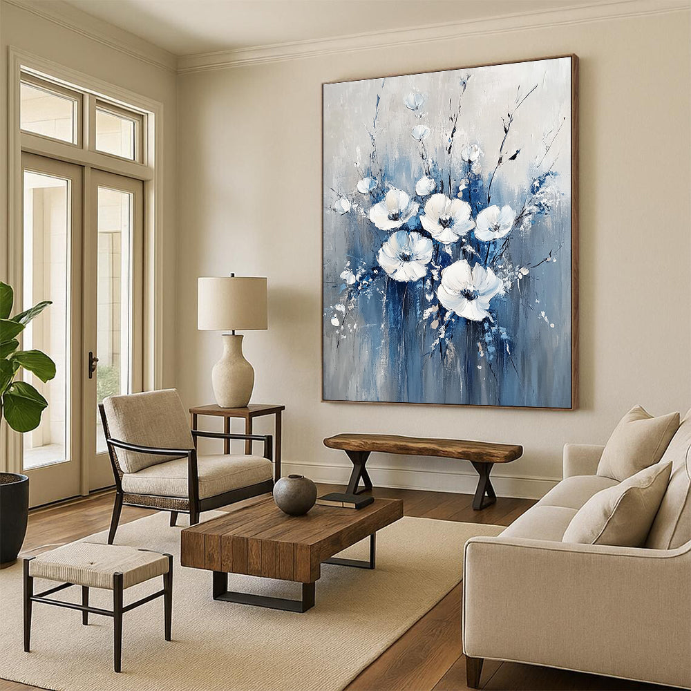 Large Abstract Blue and White Flowers Painting featuring soft gray background white flowers and light blue accents for a serene decor atmosphere.STSC035