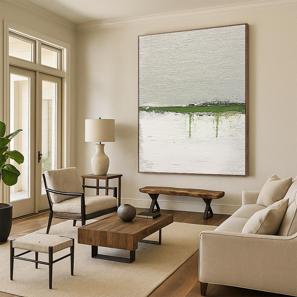 Large abstract painting featuring a green horizon on textured white canvas with thick impasto strokes accentuated by muted lime and gray tones.STSC1094