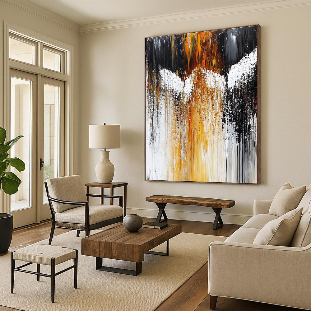 Large abstract painting featuring white angels with dark gray and amber hues heavy brush strokes and dripping paint in an expressive style.STSC203