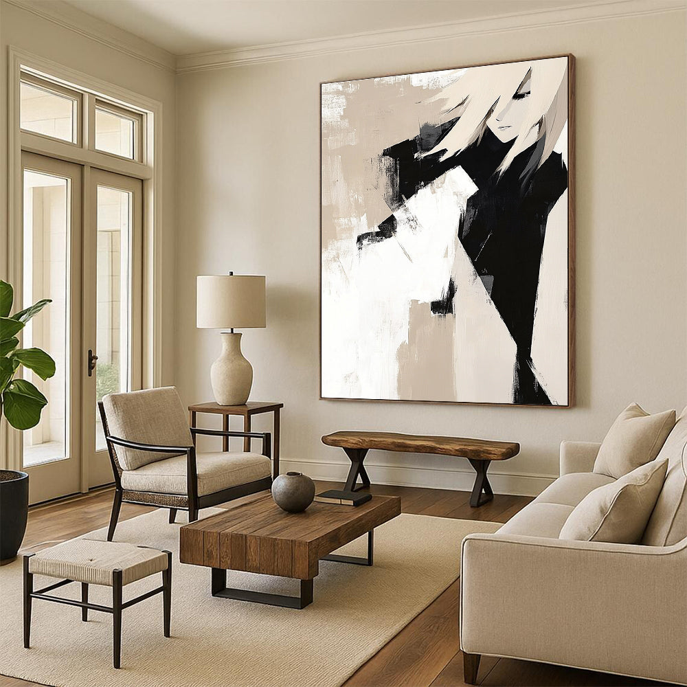 Large abstract painting featuring beige and black blocks on white background with textured layers and strong lines embodying minimalist elegance.STSC408