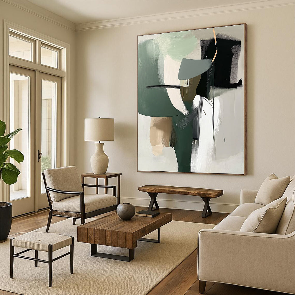 Green Gray Abstract Painting with Dynamic Shapes GER812