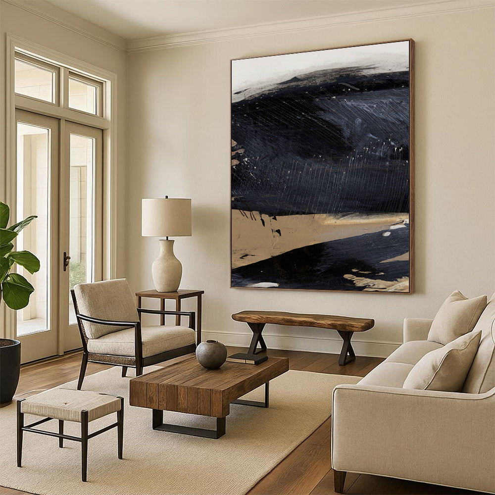 Dark Abstract with Linear Details and Earthy Tones Painting ADGE203