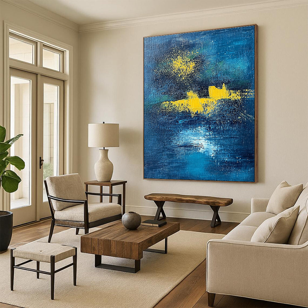 Dark Blue and Yellow Abstract Painting with Ethereal Glows GER394