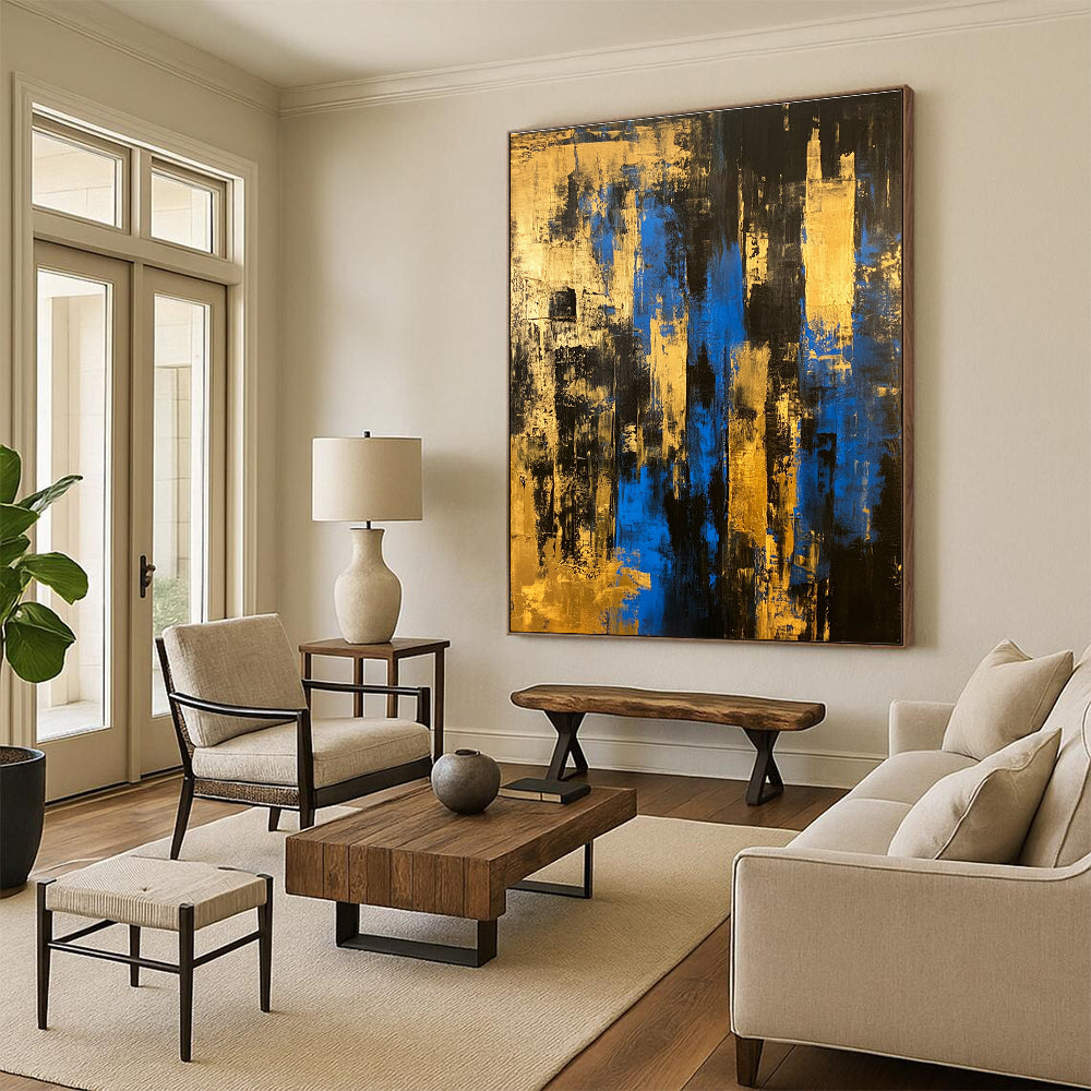 Black Gold and Blue Abstract Painting with Urban Edges GER397