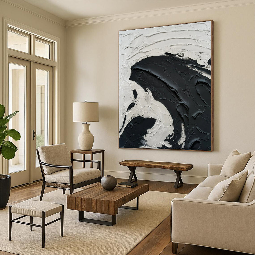 Black and White Bold Textured Swirl Abstract Painting ADGE389