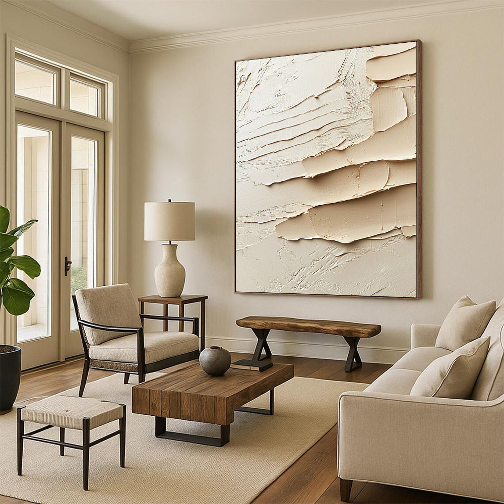 Large abstract painting showcasing soft clay textures in shades of beige and cream with sculptural potential reflecting Abstract Expressionism.STSC1284