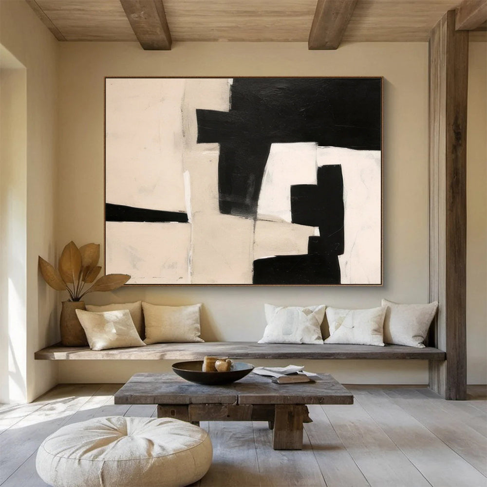 Black White Beige Geometric Abstract Painting THY070