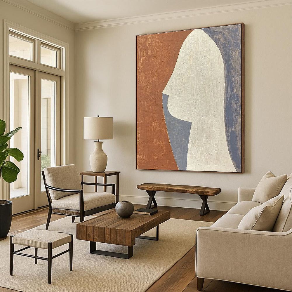 Large abstract painting featuring a profile design in terracotta white and grey composed of simple shapes.STSC1370