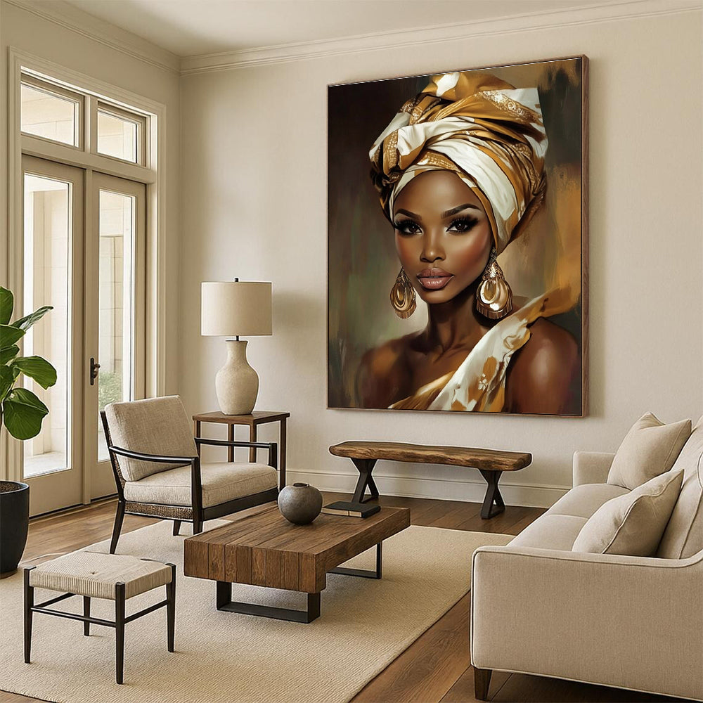 A large abstract painting showcasing a beautiful African woman adorned with a gold and white head wrap and large earrings.STSC892