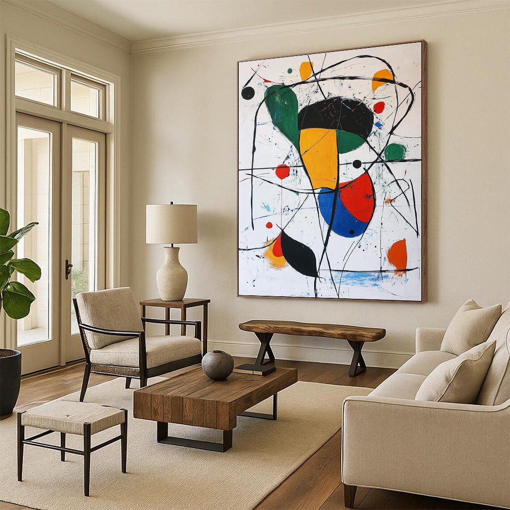 Large abstract painting featuring simple shapes and lines in black red green yellow and white with small colorful dots in a Joan Miro style.STSC377