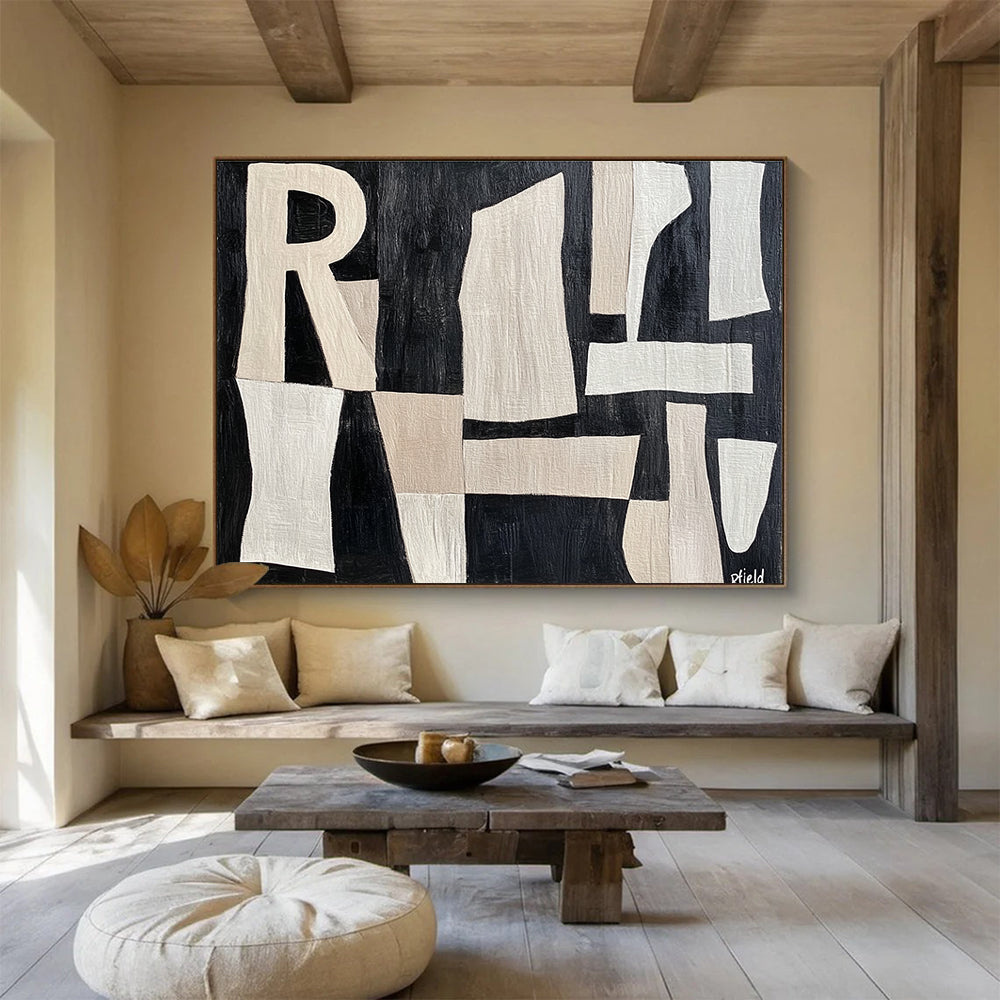 Large abstract painting featuring cut-paper style shapes with the word Rfield in a textured beige and white design on a dark grey background.SC427