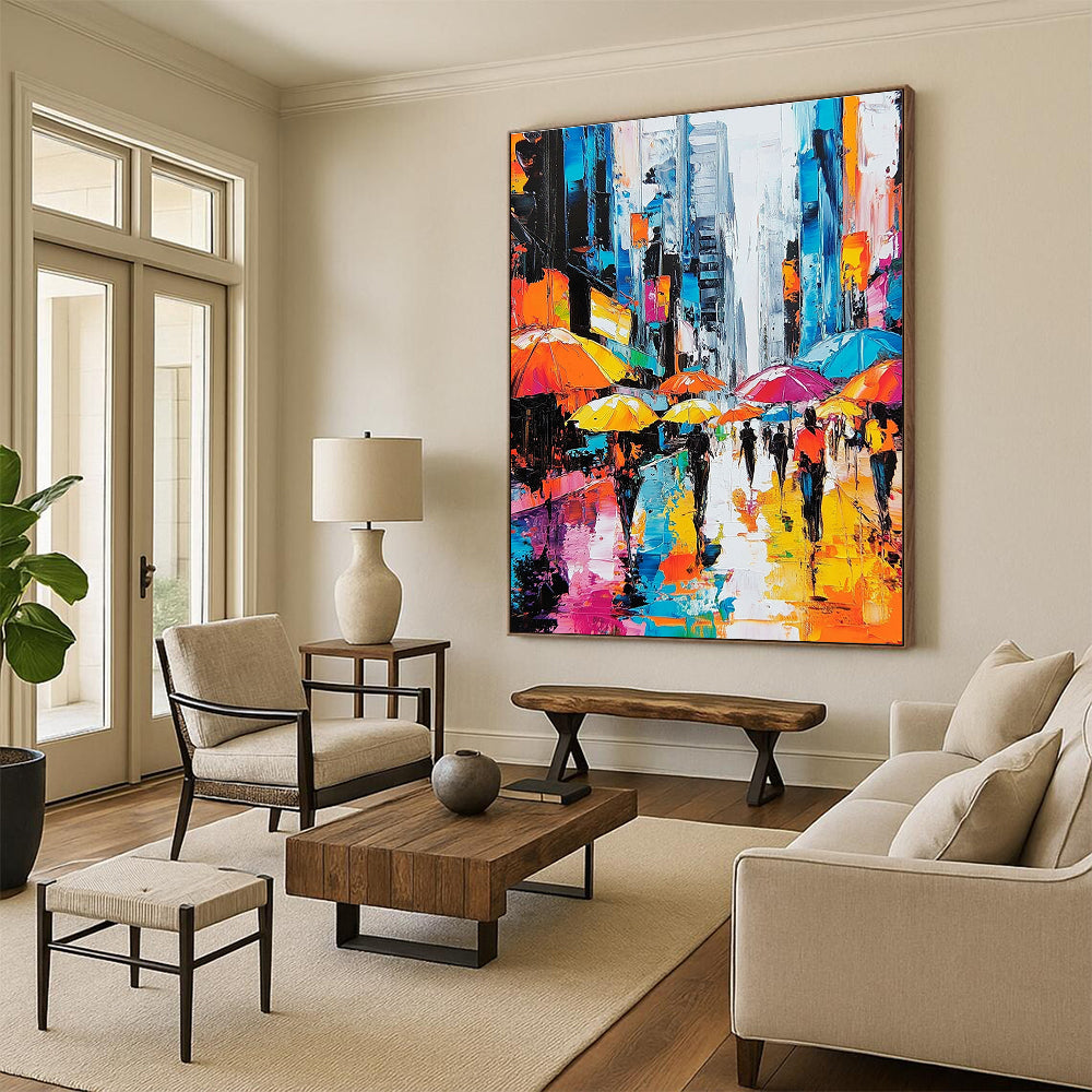 A large abstract painting depicting vibrant city streets with people under colorful umbrellas and towering skyscrapers highlighting urban energy and movement.STSC872