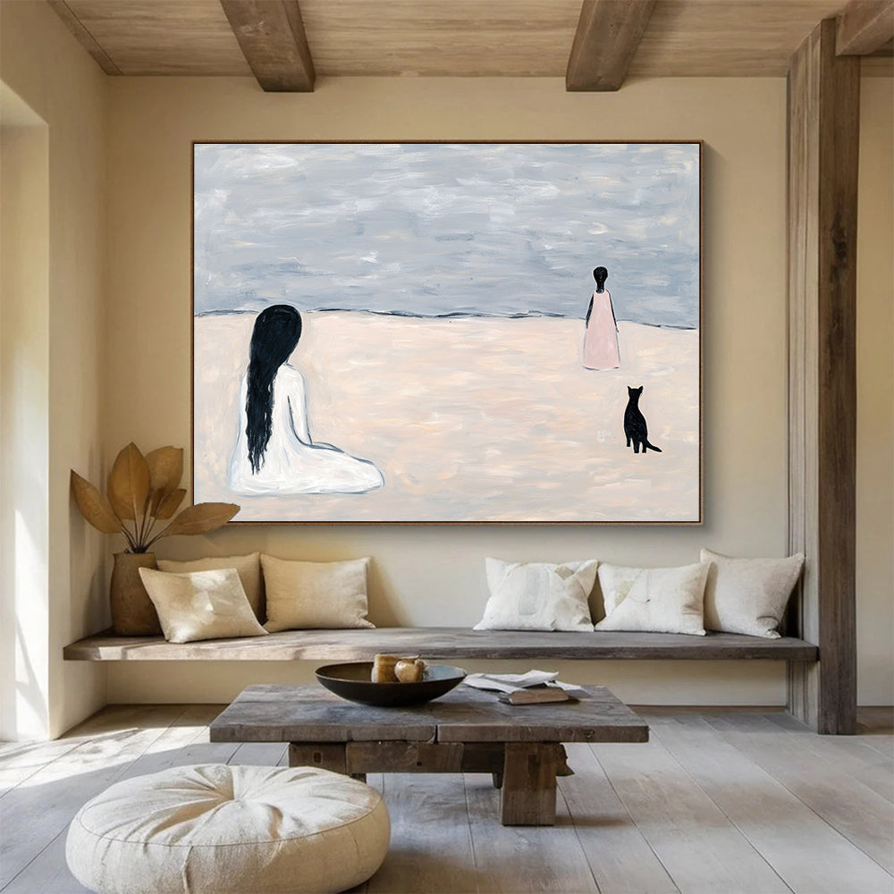 An abstract painting featuring light grey sand dunes and ocean waves with figures and a black cat walking away, evoking serene beach vibes.SC468
