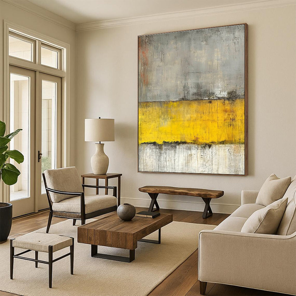 Large abstract painting featuring gray and yellow tones with a concrete texture and grainy canvas highlighted by horizontal lines.STSC233