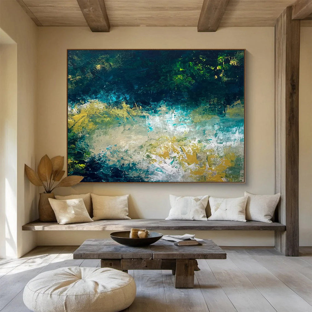 Teal Gold Abstract Painting with Dynamic Color Blends THY326